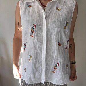 Vintage White Linen Embroidered Cocktails Retro Beaded Button Down Large Top